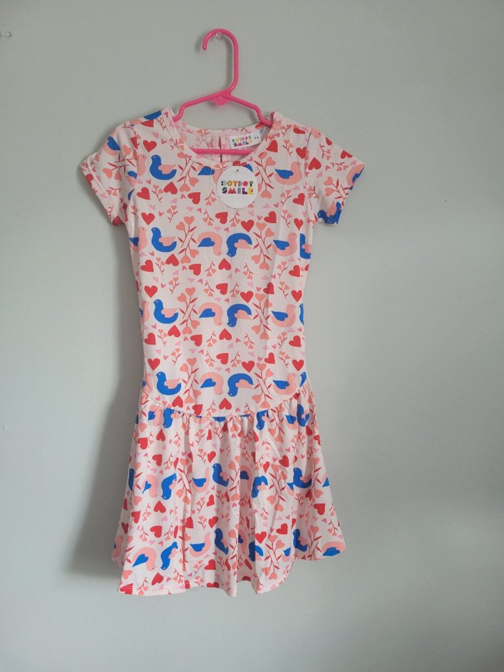 Dot Dot Smile Dress Girl's 5/6 Youth White Hearts & Birds Twirl Flapper NWT